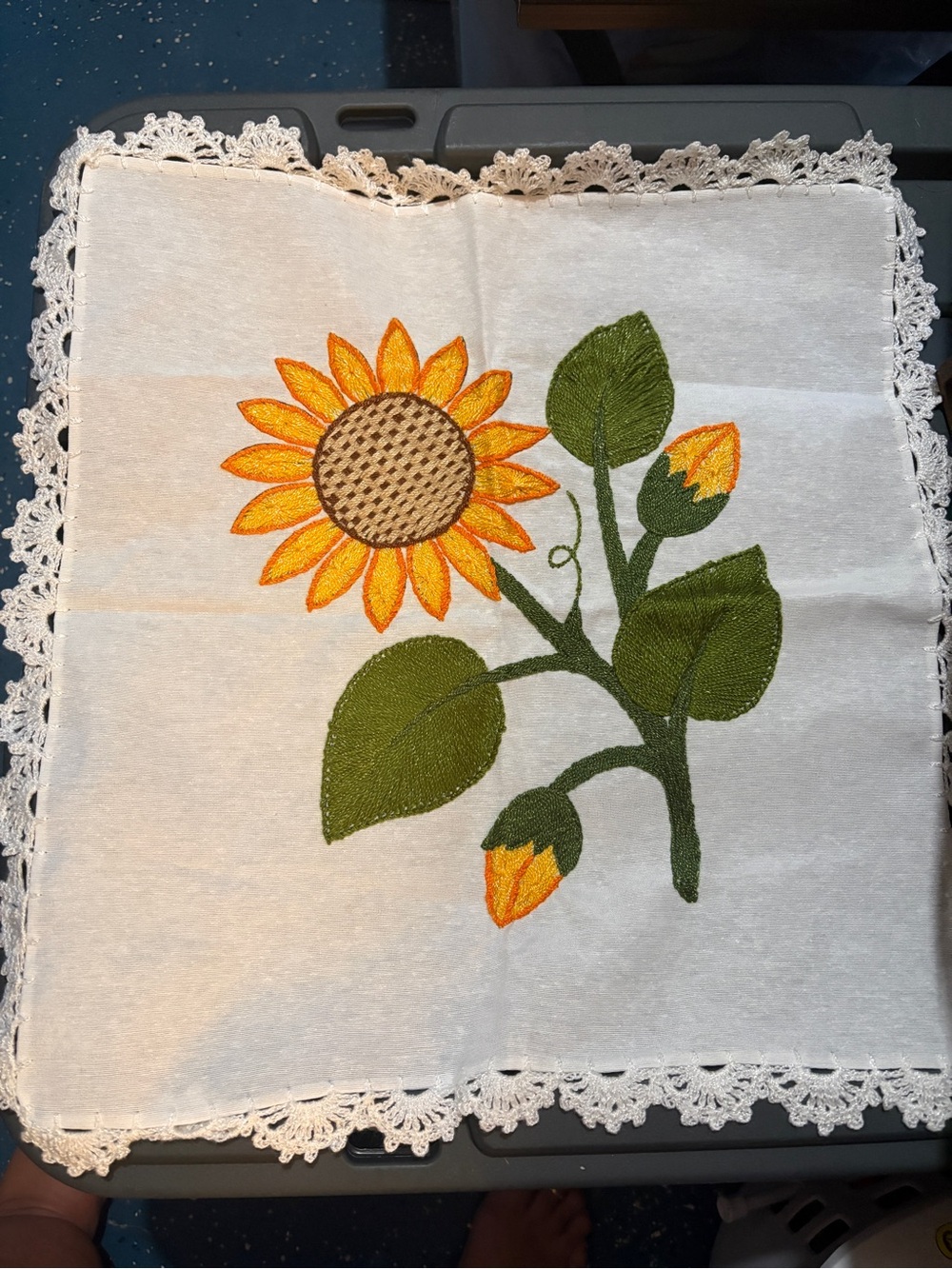 Sunflower Embroidered Crochet Edge - White and Yellow